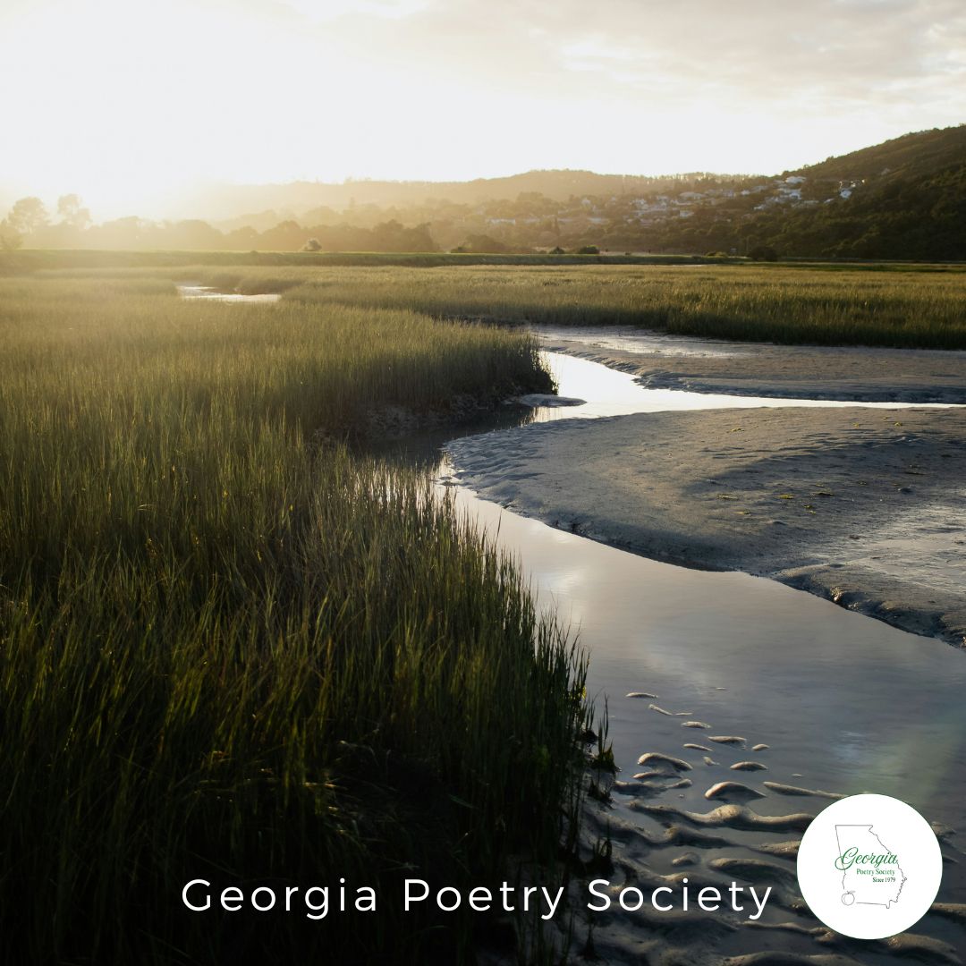 Georgia coastal marsh at golden hour with an open poetry notebook, representing Georgia poetry